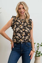 Load image into Gallery viewer, Floral Print Round Neck Ruffle Trim Blouse