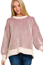 Load image into Gallery viewer, Woman wearing a red and white striped sweater with a plain background