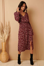Load image into Gallery viewer, V-Neck Wine Floral Midi Wrap Dress