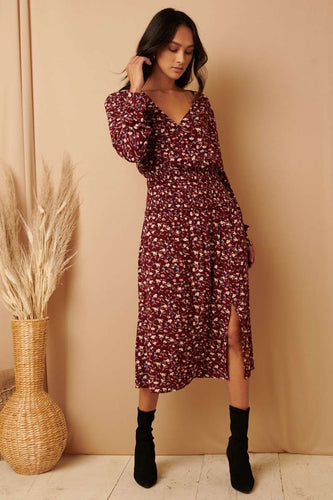 V-Neck Wine Floral Midi Wrap Dress