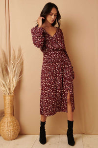V-Neck Wine Floral Midi Wrap Dress
