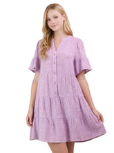 Load image into Gallery viewer, Mineral Washed Split Neck Baby Bell Sleeve Woven Mini Dress