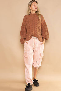 POL Mock Neck Balloon Sleeve Cable Knit Pullover Sweater