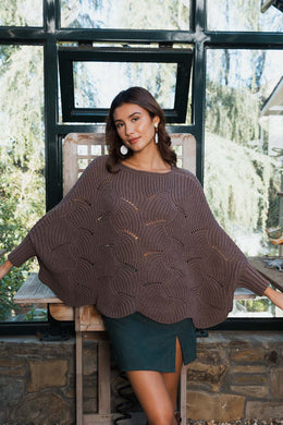 Scallop Edge Pattern Knit Poncho Sweater