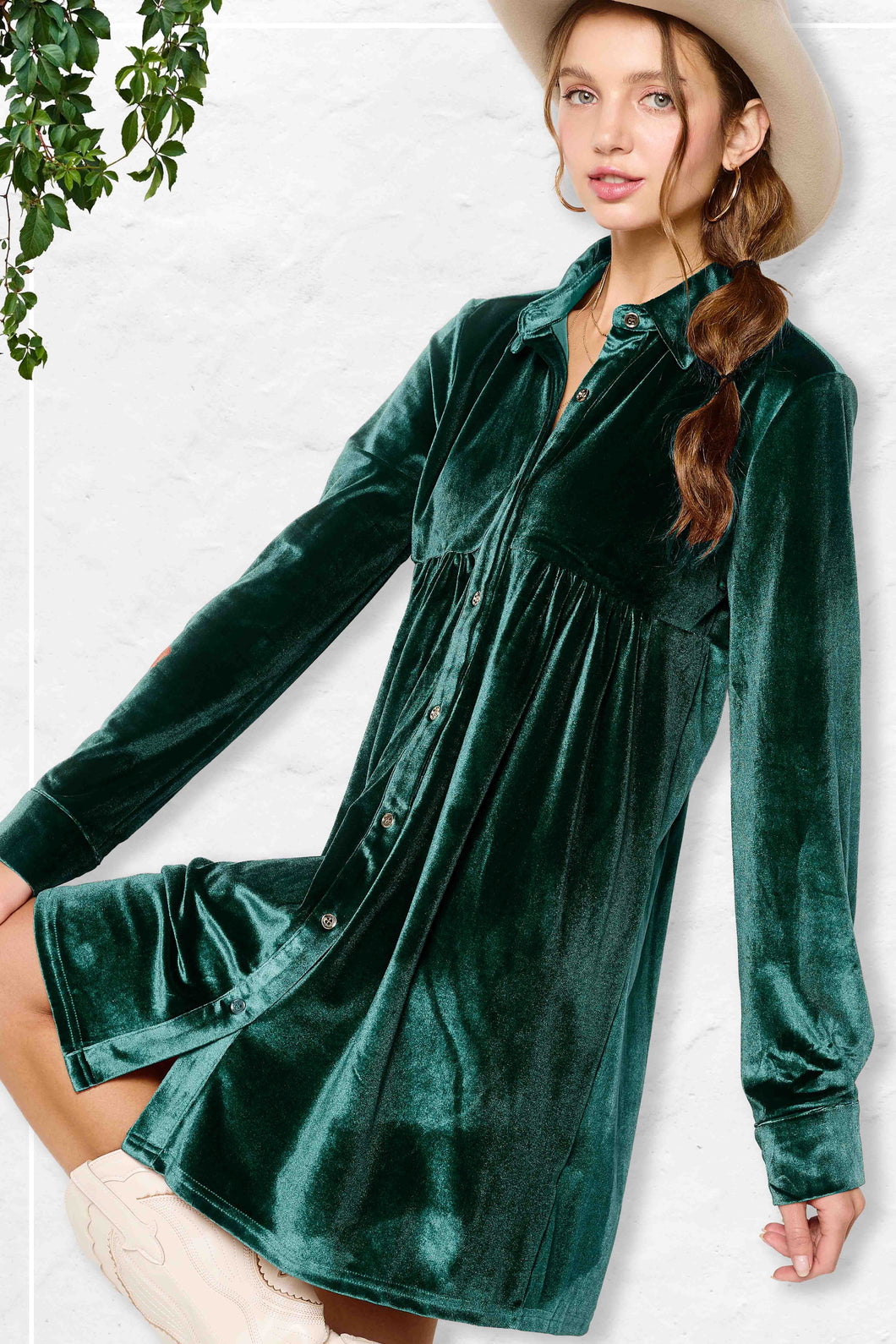 Button Front Soft Velvet Mini Dress