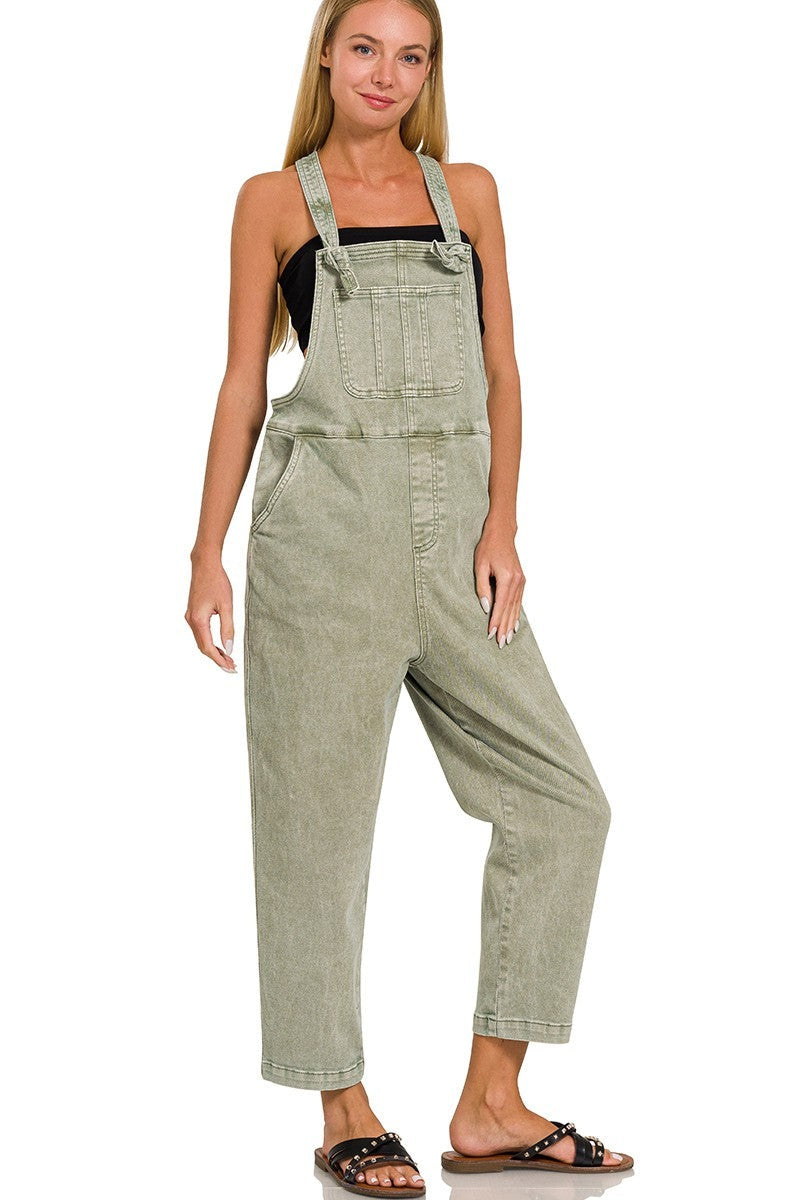Washed Knot Strap Overalls In Dusty Olive