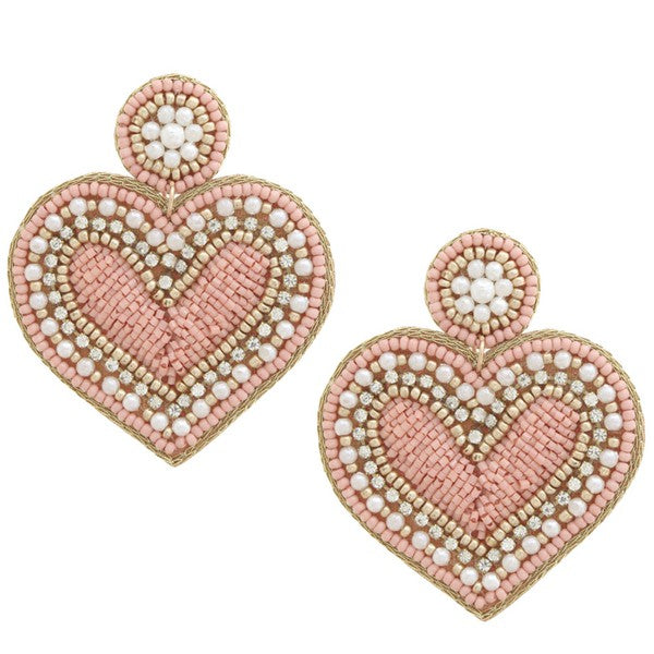 Pink Seed Bead Heart Earrings