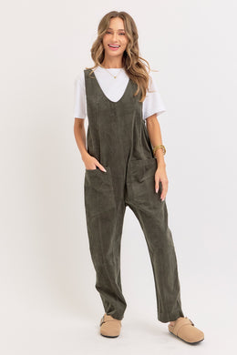 Slouchy Olive Ribbed Corduroy Overalls