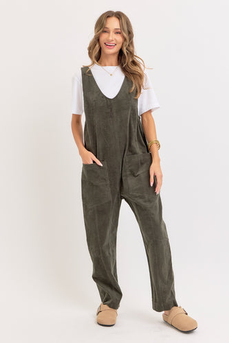 Slouchy Olive Ribbed Corduroy Overalls
