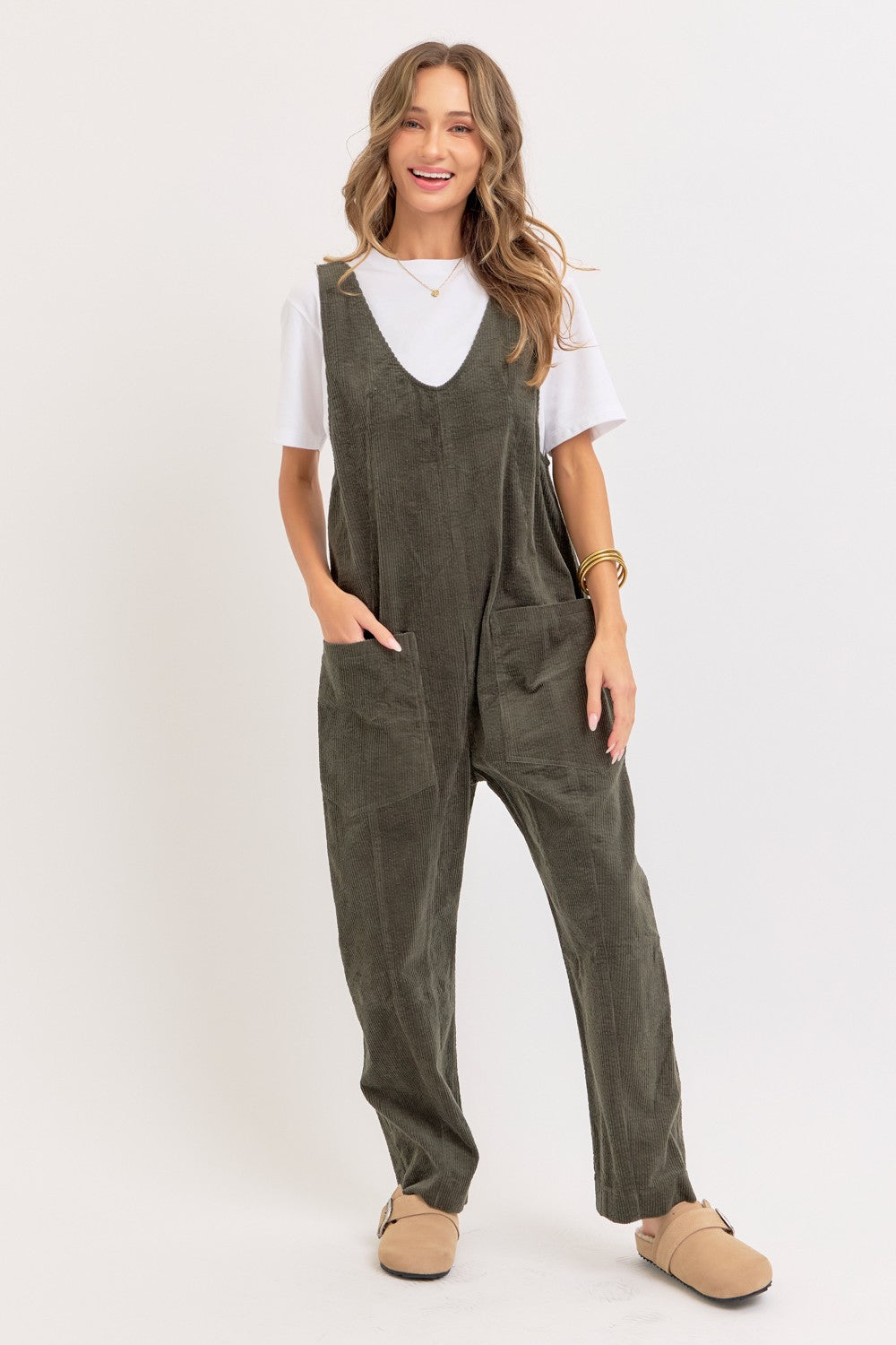 Slouchy Olive Ribbed Corduroy Overalls