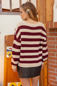 Burgundy & Cream Chunky Knit Pullover Sweater