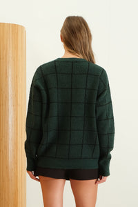 Hunter Green Grid Pattern Crew Neck Sweater