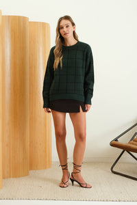 Hunter Green Grid Pattern Crew Neck Sweater