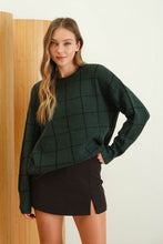 Load image into Gallery viewer, Hunter Green Grid Pattern Crew Neck Sweater