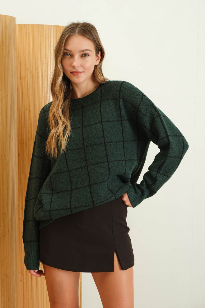 Hunter Green Grid Pattern Crew Neck Sweater