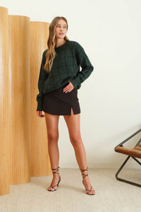 Hunter Green Grid Pattern Crew Neck Sweater