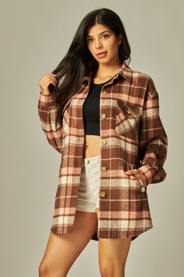 Brown & Pink Flannel Plaid Shacket Jacket