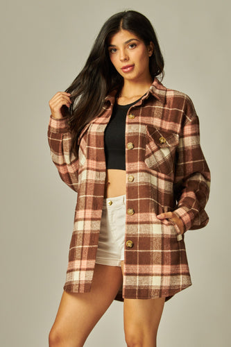 Brown & Pink Flannel Plaid Shacket Jacket