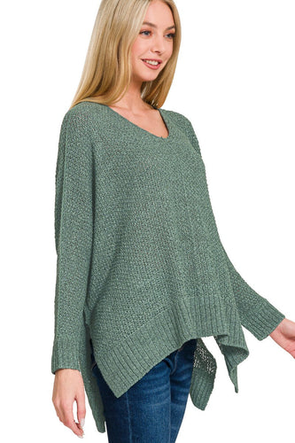 Woman wearing a green sweater with a white background
