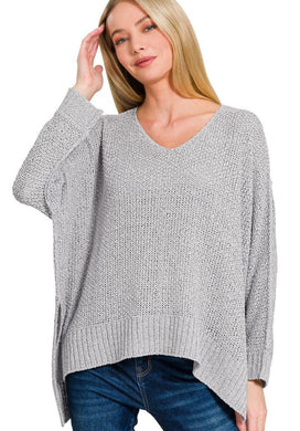 Heather Grey Hi-Low V-Neck Sweater