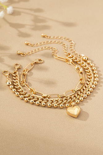 3 Chunky Chain Puffy Heart Charm Bracelet Set