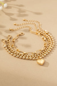 3 Chunky Chain Puffy Heart Charm Bracelet Set