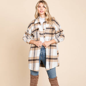 Button Up Plaid Flannel Shacket Jacket