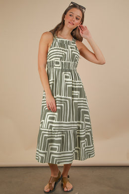 Olive & Cream Printed Boho Midi Dress