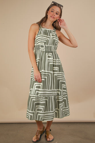 Olive & Cream Printed Boho Midi Dress