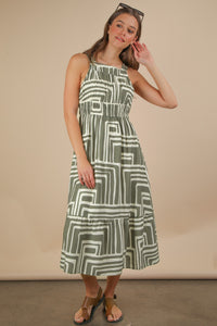 Olive & Cream Printed Boho Midi Dress