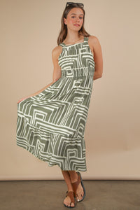 Olive & Cream Printed Boho Midi Dress