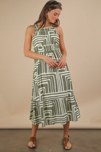 Olive & Cream Printed Boho Midi Dress
