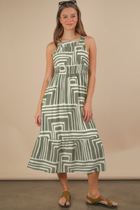 Olive & Cream Printed Boho Midi Dress