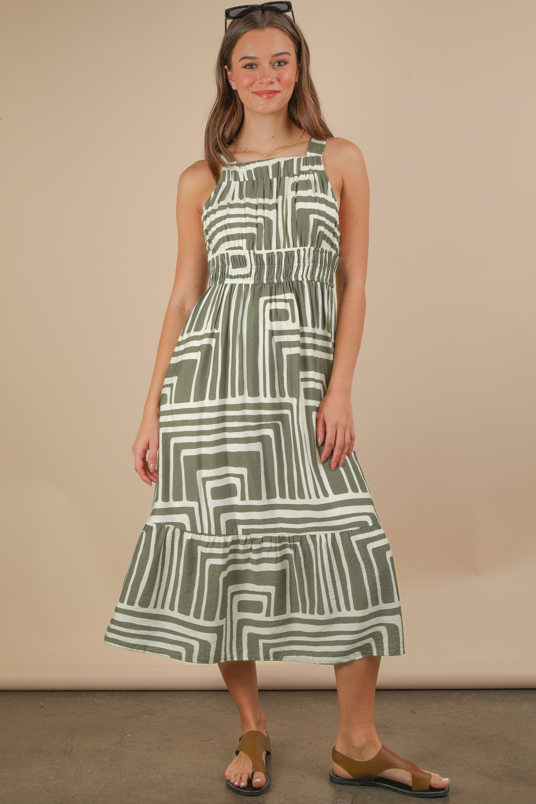 Olive & Cream Printed Boho Midi Dress