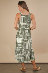 Olive & Cream Printed Boho Midi Dress