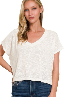 Basic Slub Knit Hacci V-Neck Crop Top