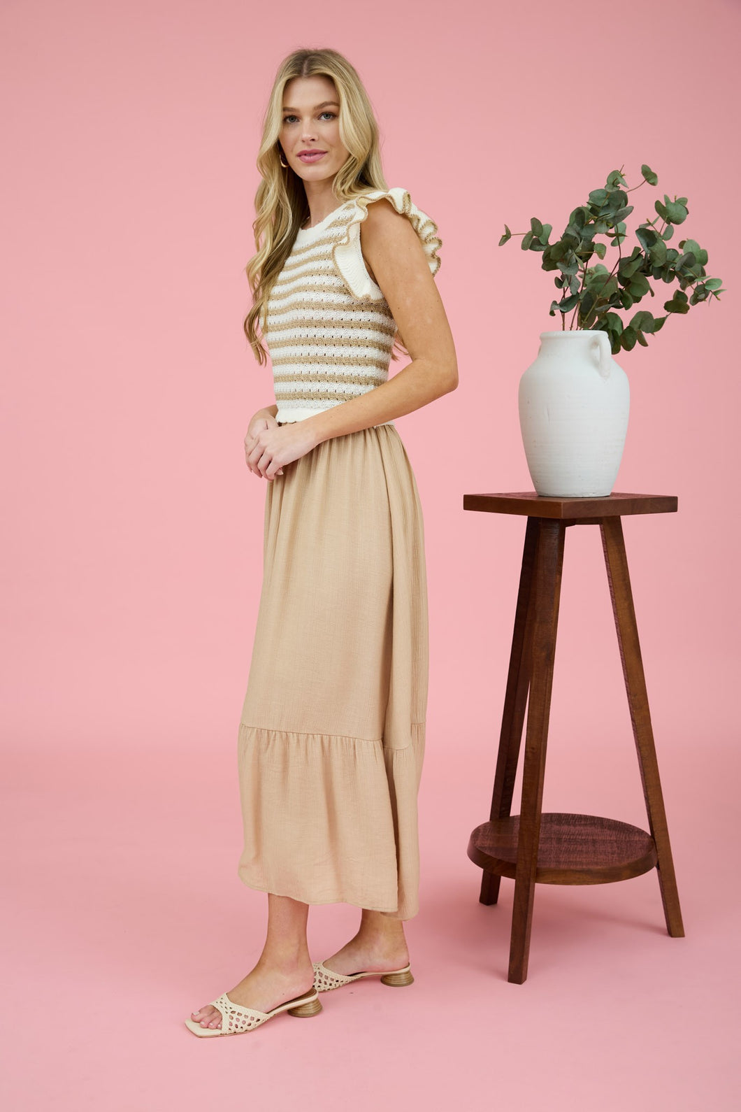 Mixed Media Taupe Midi Dress