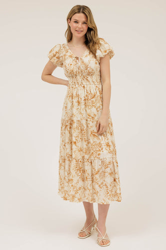 Elegant Floral Camel & Cream Maxi Dress