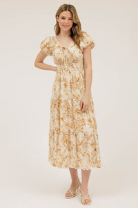 Elegant Floral Camel & Cream Maxi Dress