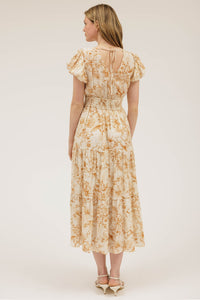 Elegant Floral Camel & Cream Maxi Dress