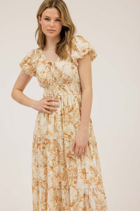 Elegant Floral Camel & Cream Maxi Dress