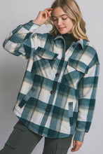 Load image into Gallery viewer, Teal Plaid Sherpa Lined Shacket Jacket