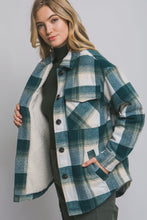 Load image into Gallery viewer, Teal Plaid Sherpa Lined Shacket Jacket