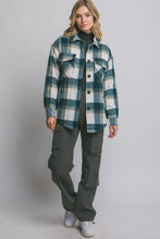 Load image into Gallery viewer, Teal Plaid Sherpa Lined Shacket Jacket