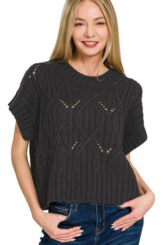 Black Short Sleeve Cable Knit Sweater