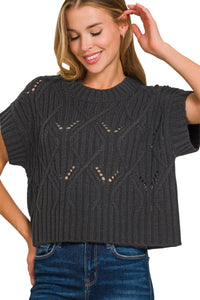 Black Short Sleeve Cable Knit Sweater