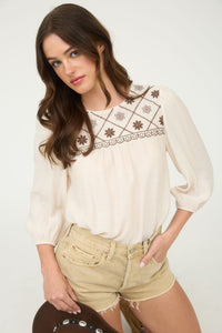 Cream Embroidered Yoke Blouse