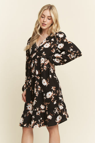 Black Floral Print Baby Doll Mini Dress