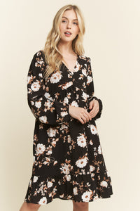 Black Floral Print Baby Doll Mini Dress