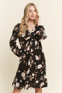 Black Floral Print Baby Doll Mini Dress